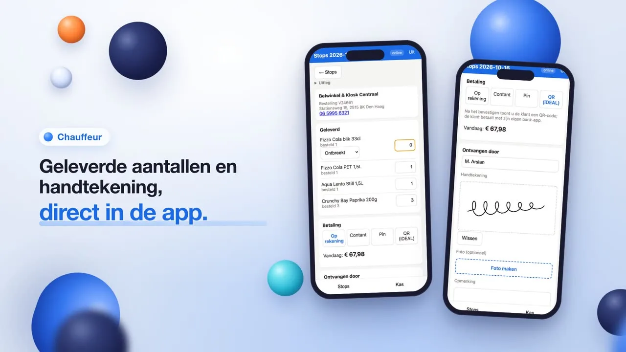 De chauffeursapp van Rondo met geleverde aantallen, betaalwijze en handtekening van de klant